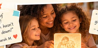 Diverse family enjoying a glowing personalized gift