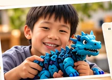 Asian child smiling while playing with a blue dragon toy