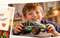 Child happily holding a colorful toy car